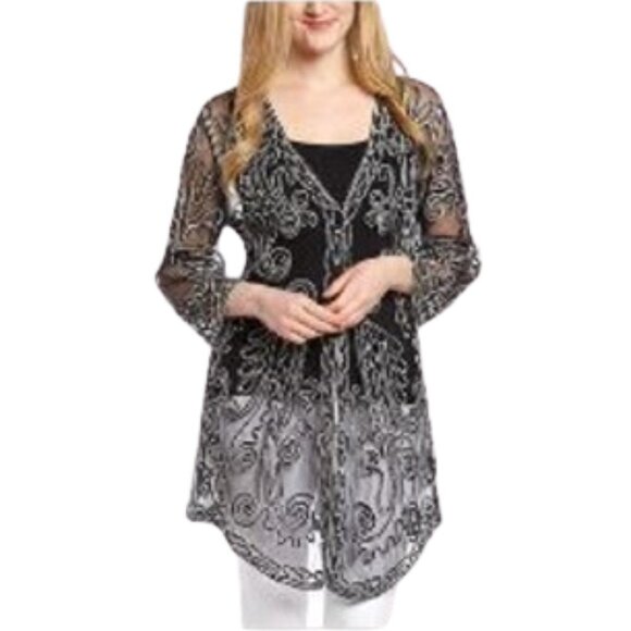 Pretty Angel Black & White Sheer Embroidered Silk Blend Cardigan - XL - Picture 9 of 10